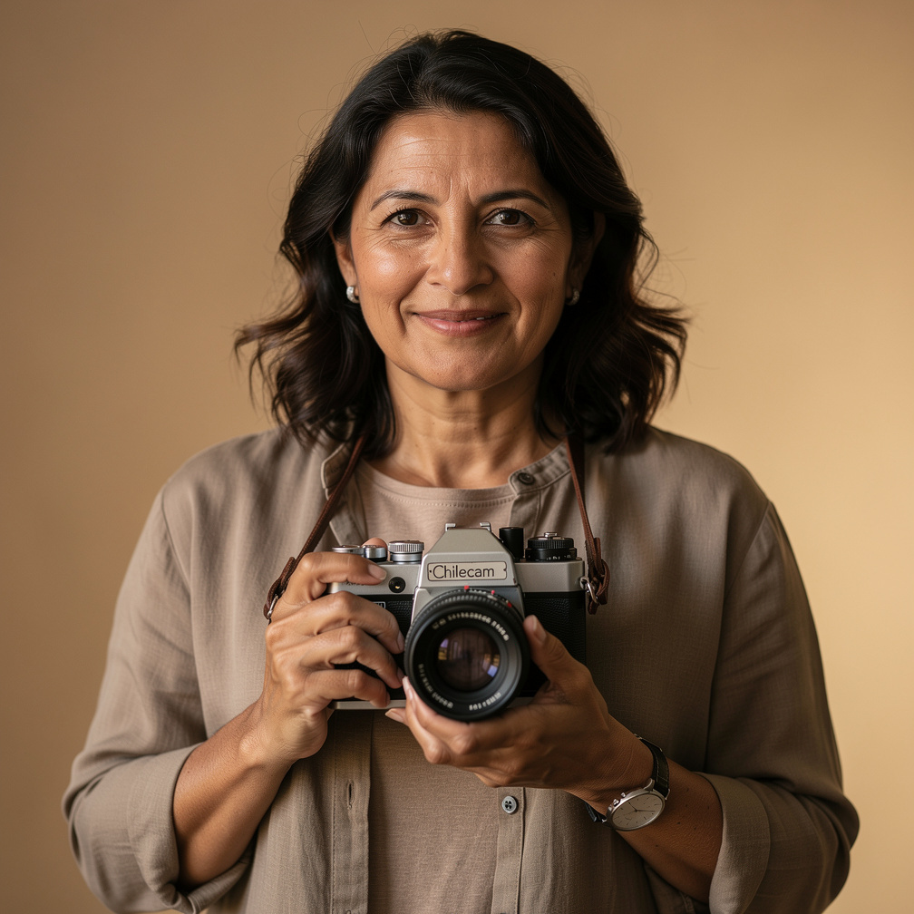 Portrait of a Chilean documentary photographer holding a camera